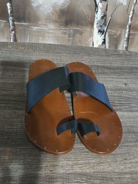 Leather Slide Sandals with Black Straps